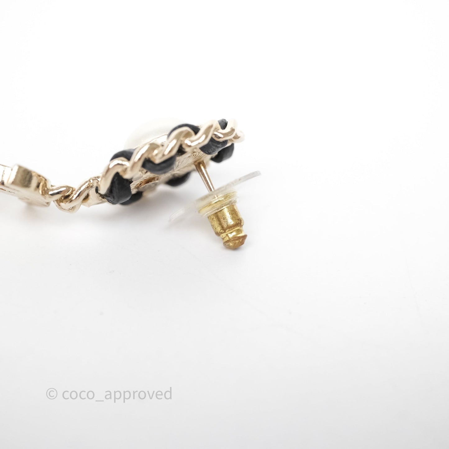 Chanel Oval Pearl Braided Black Leather Drop Crystal CC Earrings Gold Tone 21B