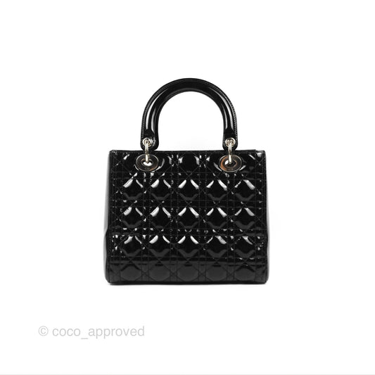 Christian Dior Medium Lady Dior Black Patent Silver Hardware
