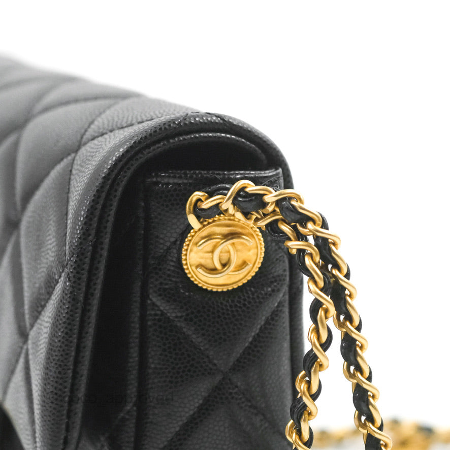 Chanel Small Flap with Coin Charm Black Caviar Aged Gold Hardware 22A