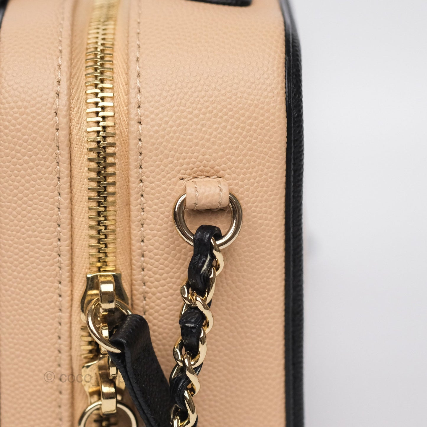 Chanel Quilted Small CC Filigree Vanity Case Black Beige Caviar Gold Hardware