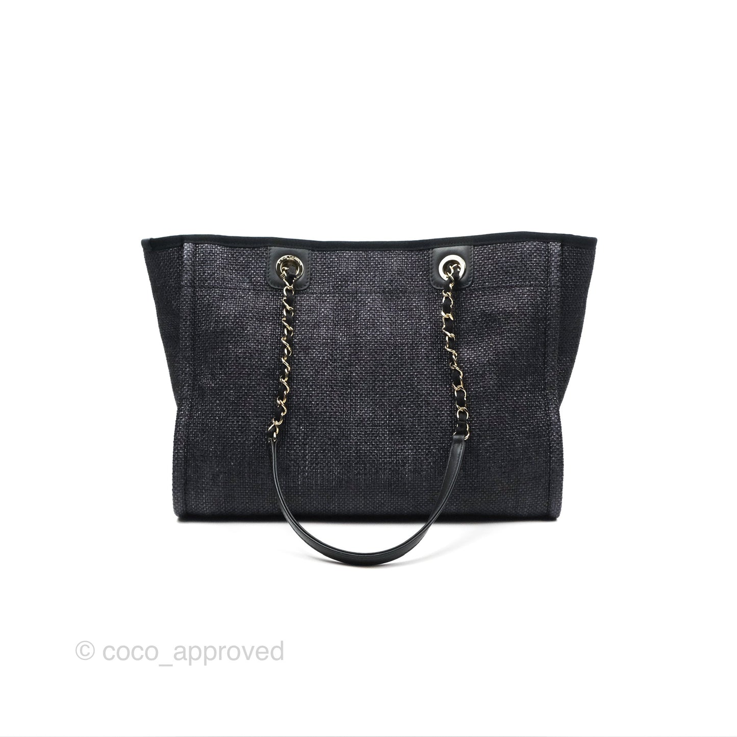 Chanel Medium Deauville Tote Black Dark Grey Raffia Woven Gold Hardware