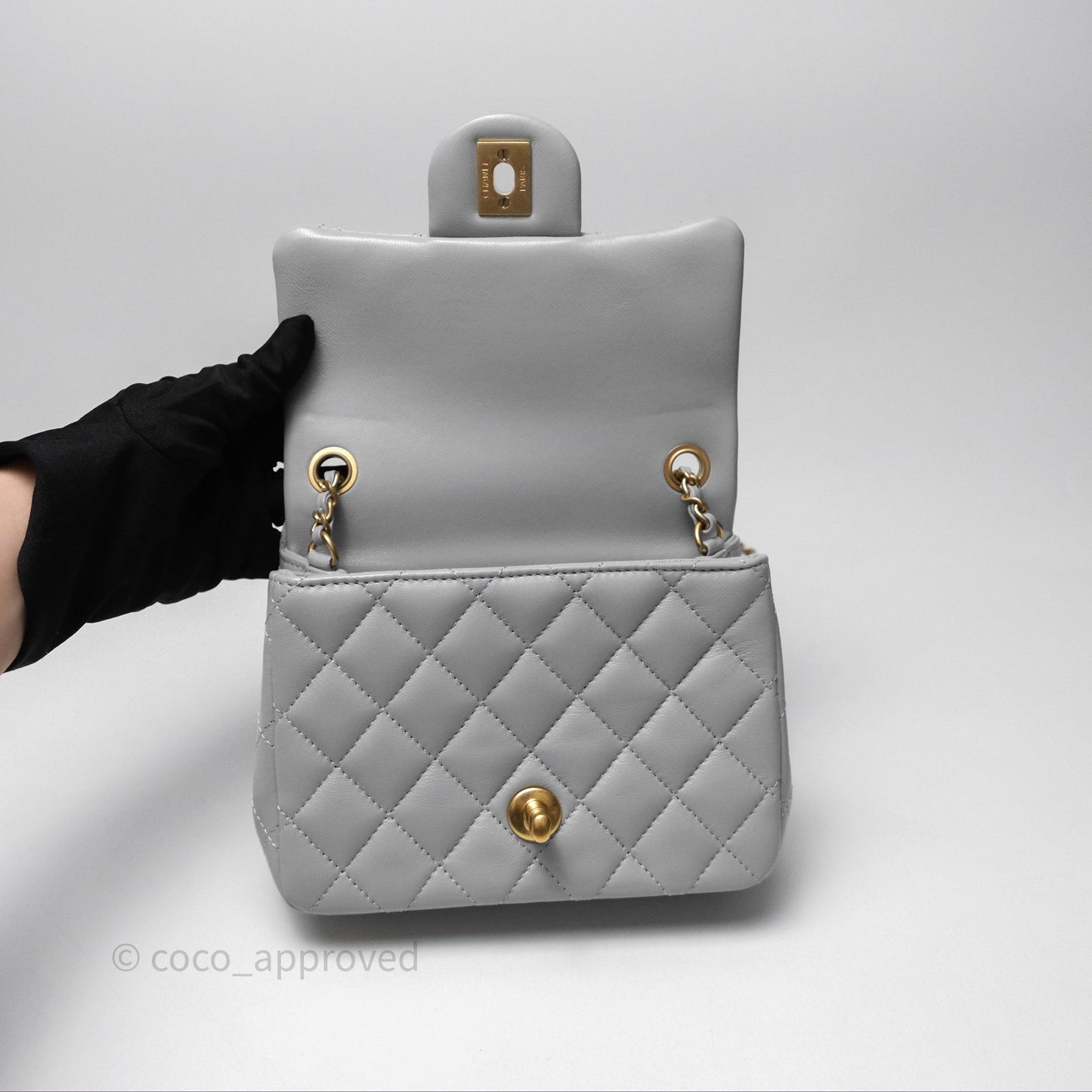 Chanel Mini Square Pearl Crush Quilted Grey Lambskin Aged Gold Hardware