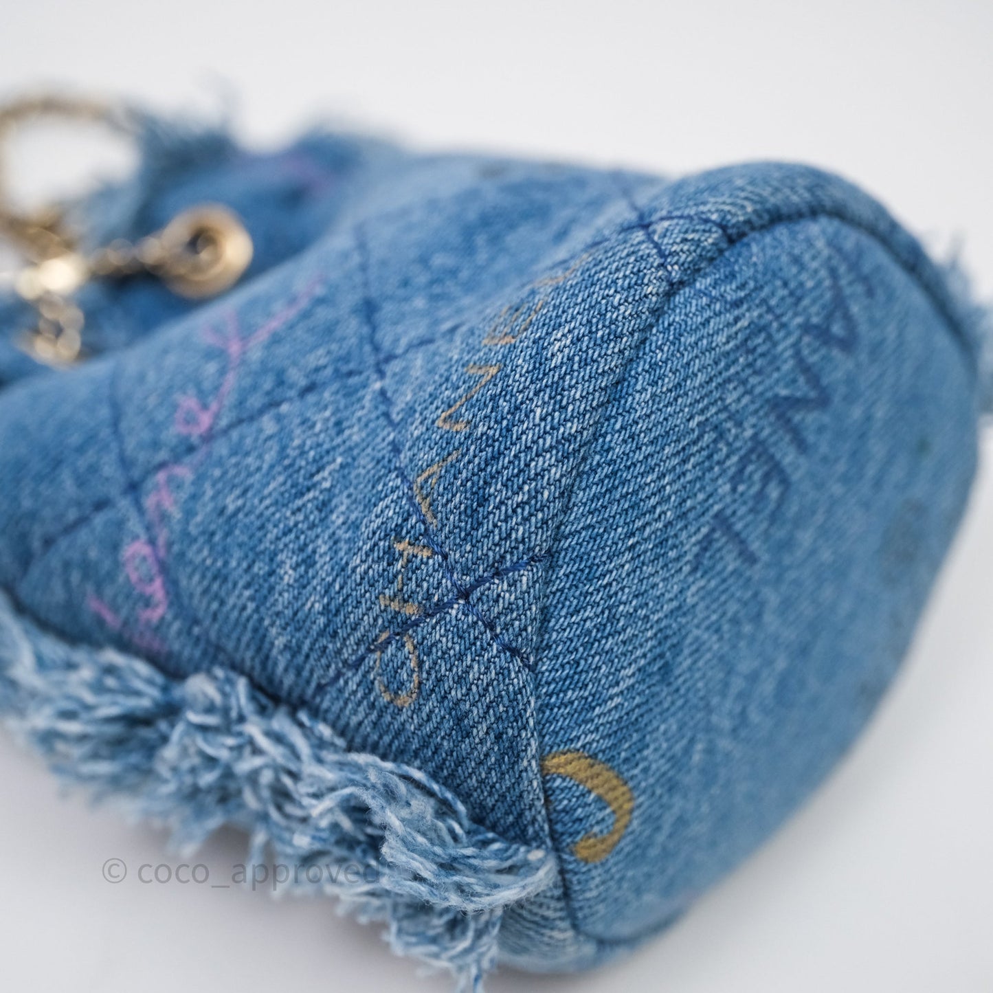 Chanel Mood Denim Mini Bucket Bag with Chain Blue Gold Hardware
