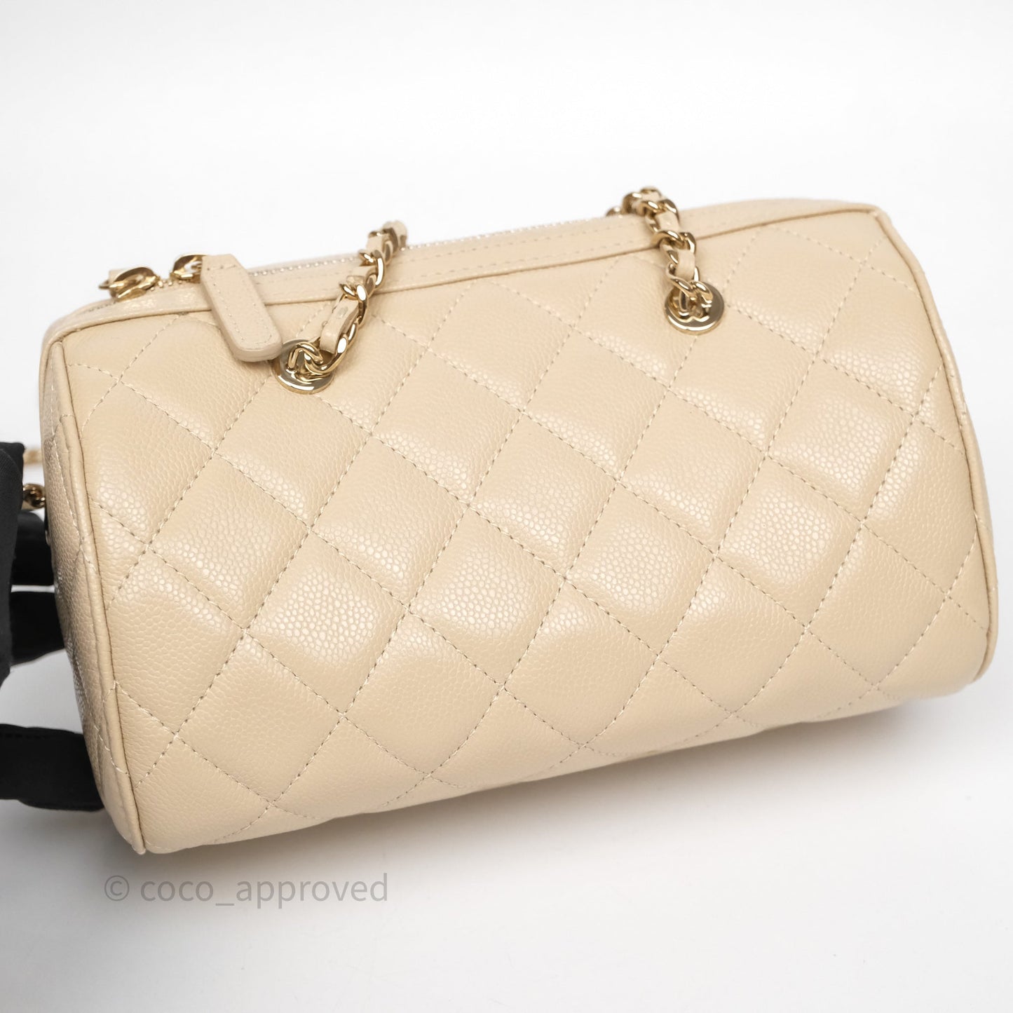 Chanel Mini Quilted Bowling Bag Beige Caviar Gold Hardware 25P