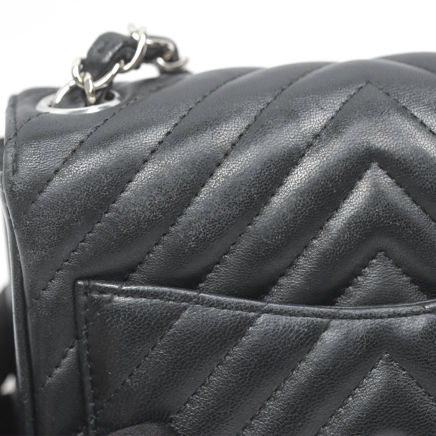 Chanel Mini Square Black Chevron Lambskin Silver Hardware