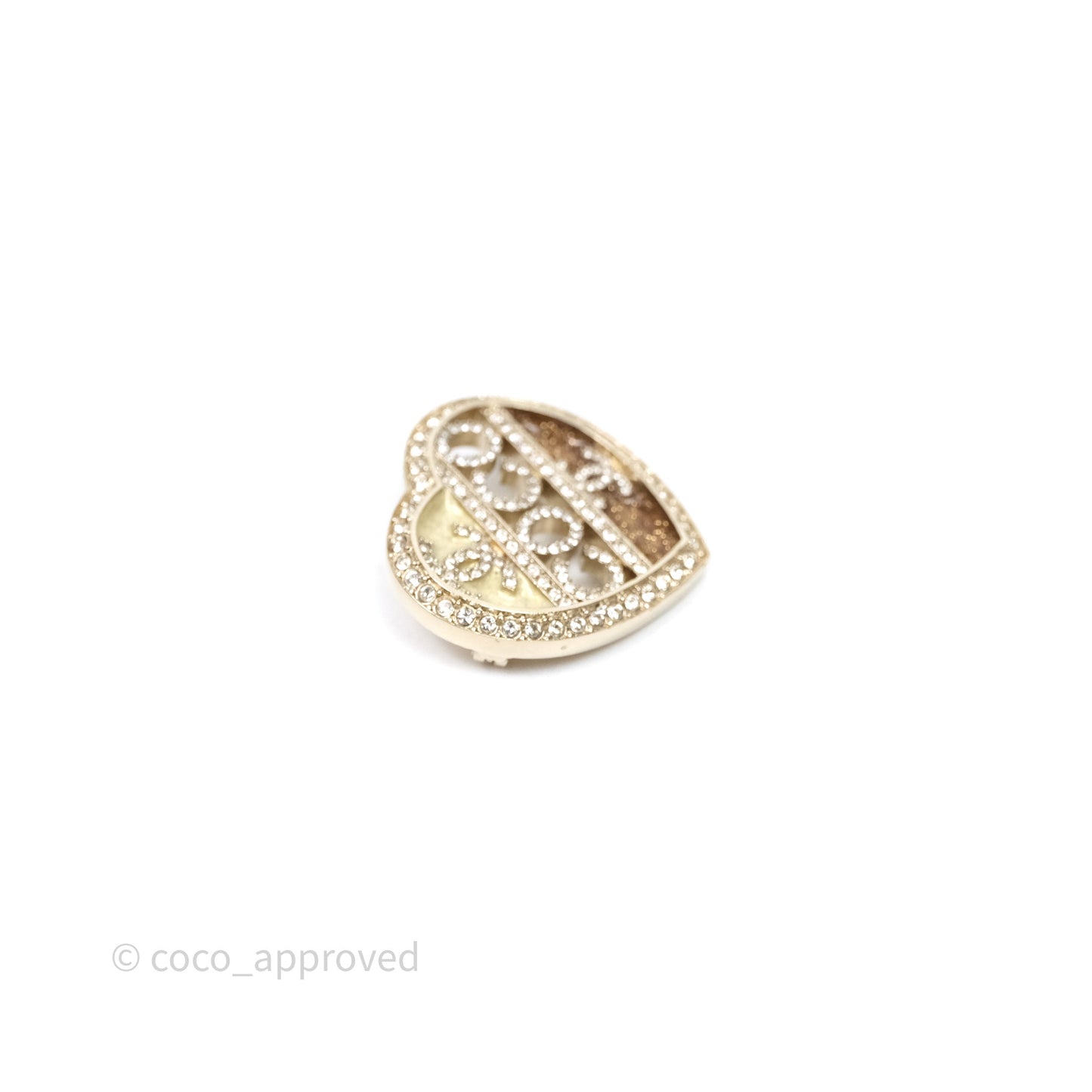 Chanel Coco Logo Crystals Heart Brooch Gold Tone 23B