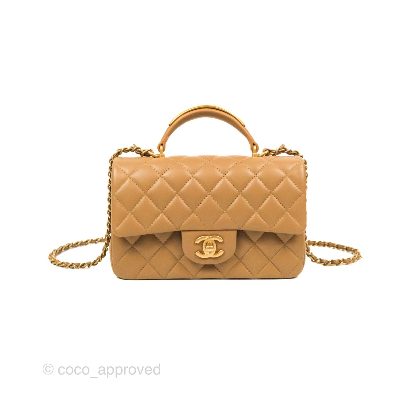 Chanel Top Handle Mini Rectangular Flap Bag Beige Lambskin Aged Gold Hardware