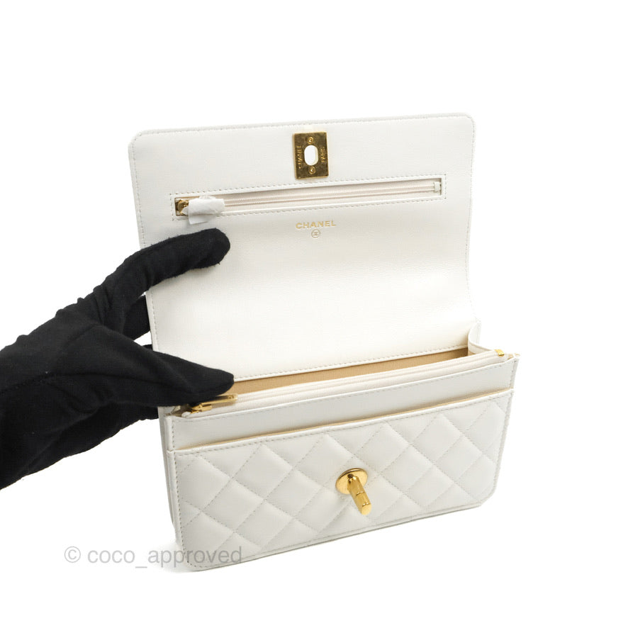 Chanel Quilted Double Chain WOC White Shiny Lambskin Aged Gold Hardware 23C