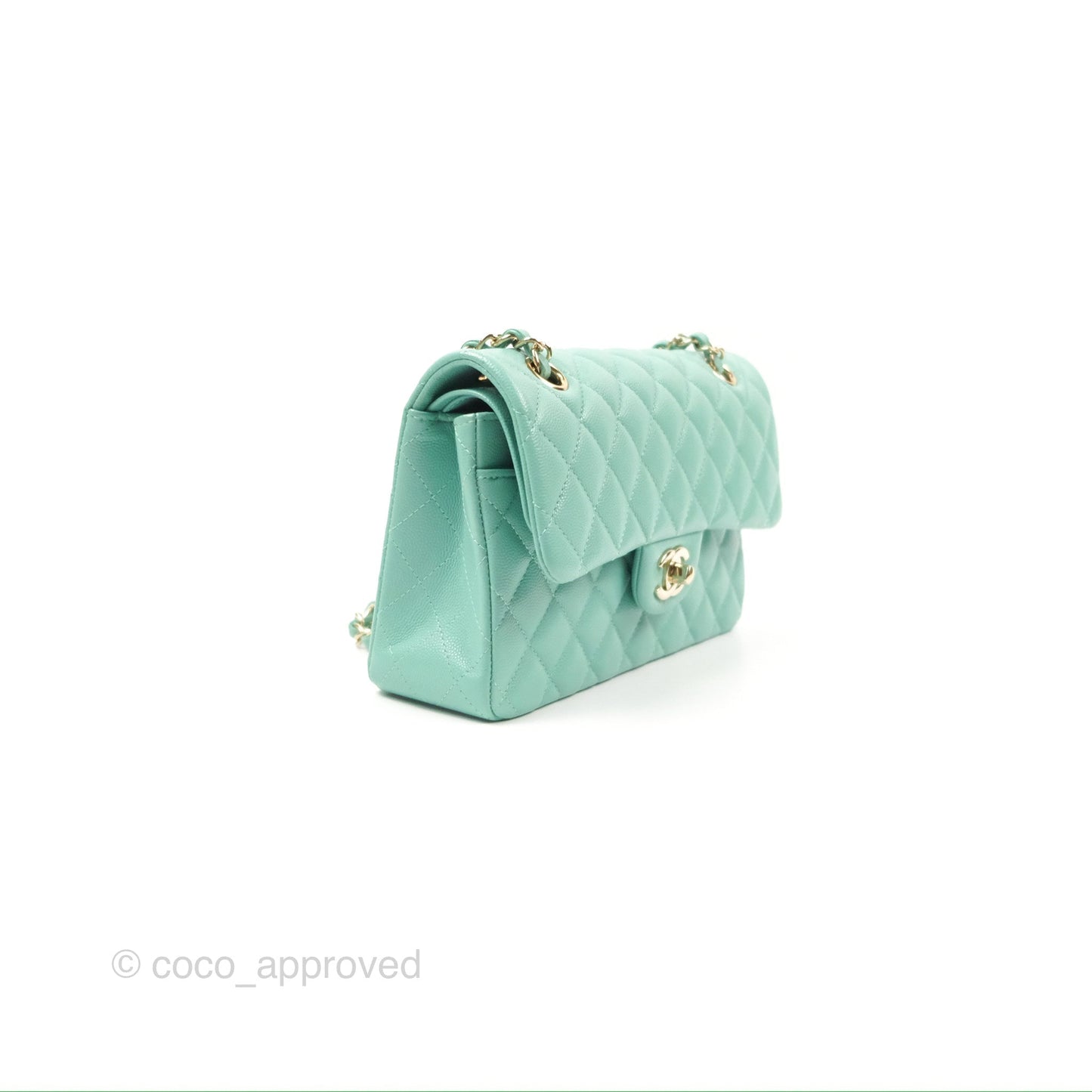Chanel Small Classic Quilted Flap Tiffany Green Caviar Gold Hardware