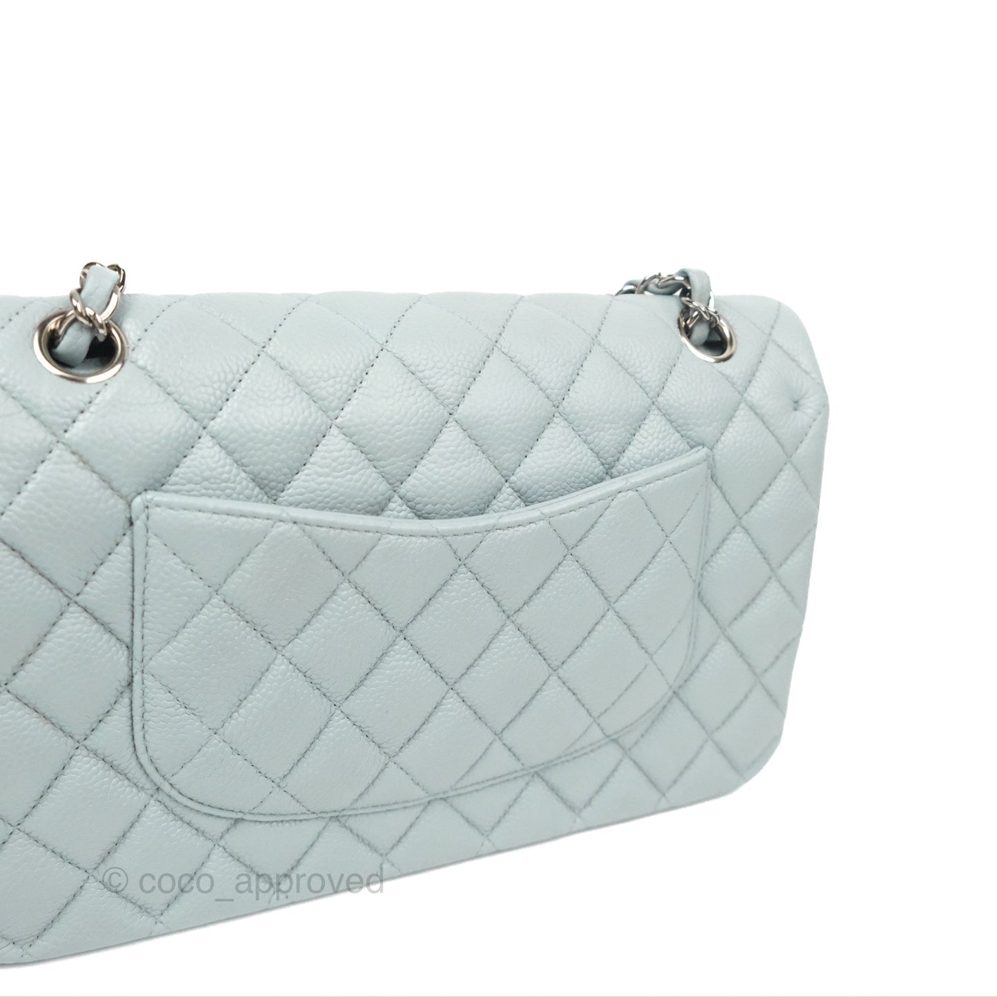 Chanel Classic M/L Medium Flap Quilted Light Grey Blue Caviar Silver Hardware