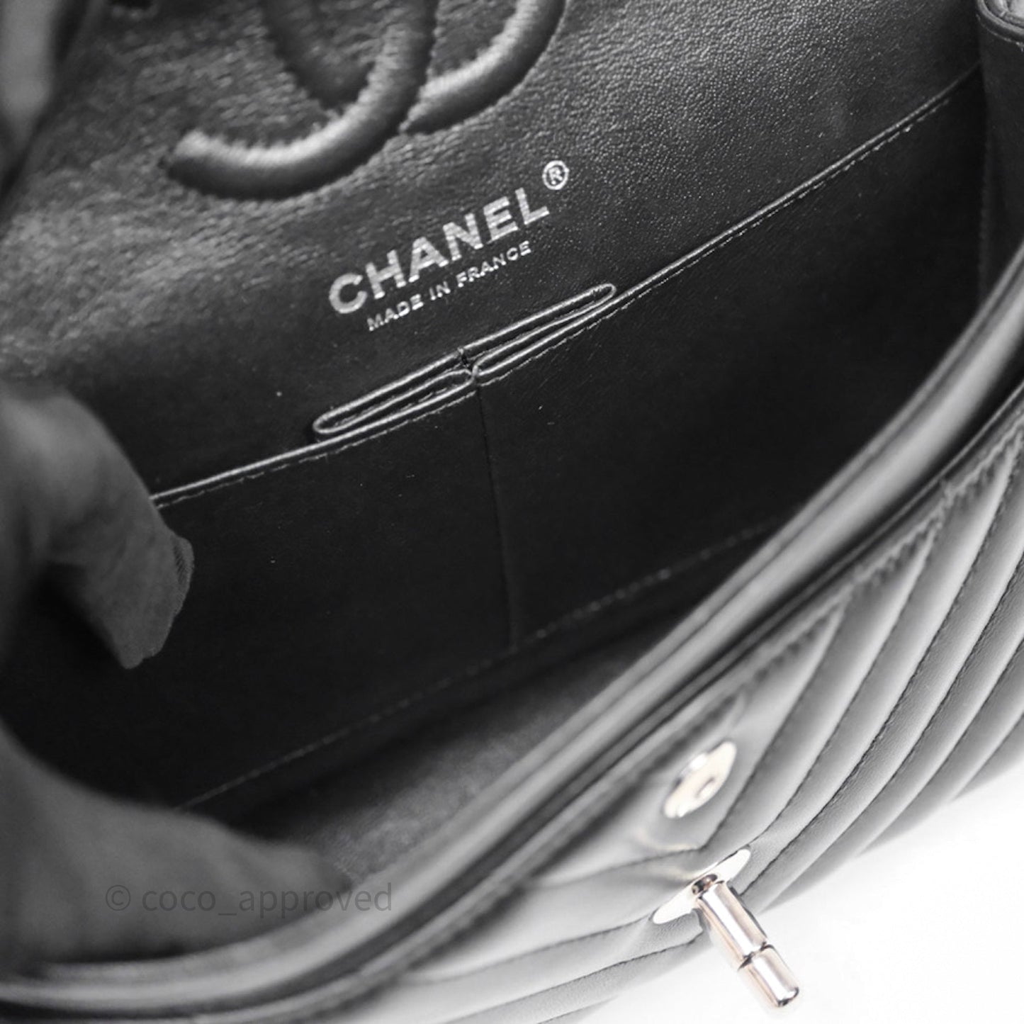Chanel Small Classic Chevron Flap Black Lambskin Silver Hardware
