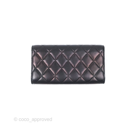 Chanel Quilted Classic Zip Long Wallet Black Lambskin Silver Hardware
