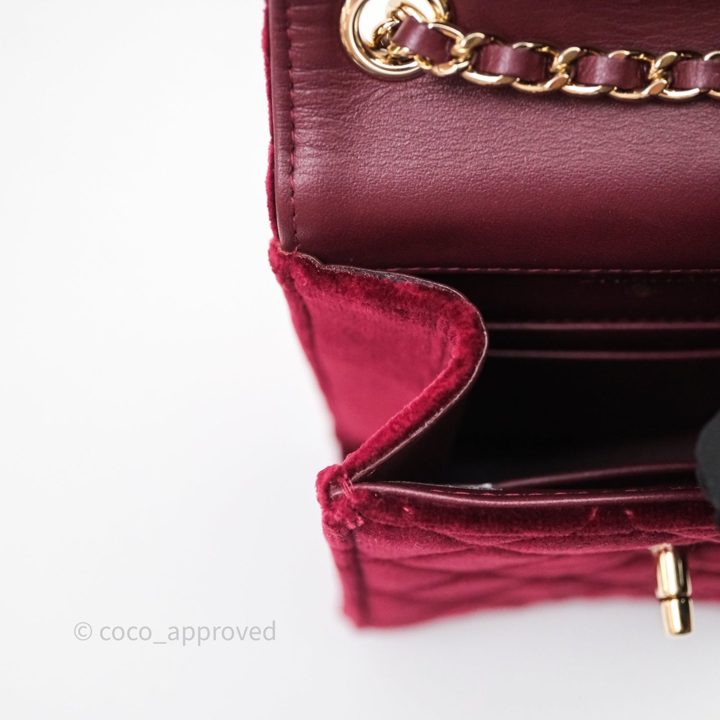 Chanel Quilted Phone Holder Crystals Pearl Crush Red Velvet Gold Hardware