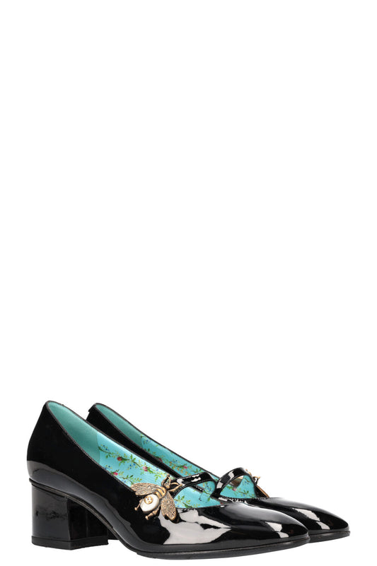 Luxury Gucci Trending 2025 Bee Mary Janes Heels Patent Black