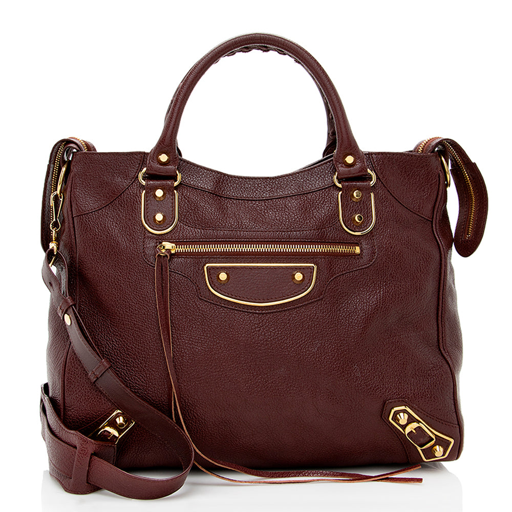 Luxury Balenciaga Chevre Leather Metallic Edge Velo Satchel (SHF-18023)