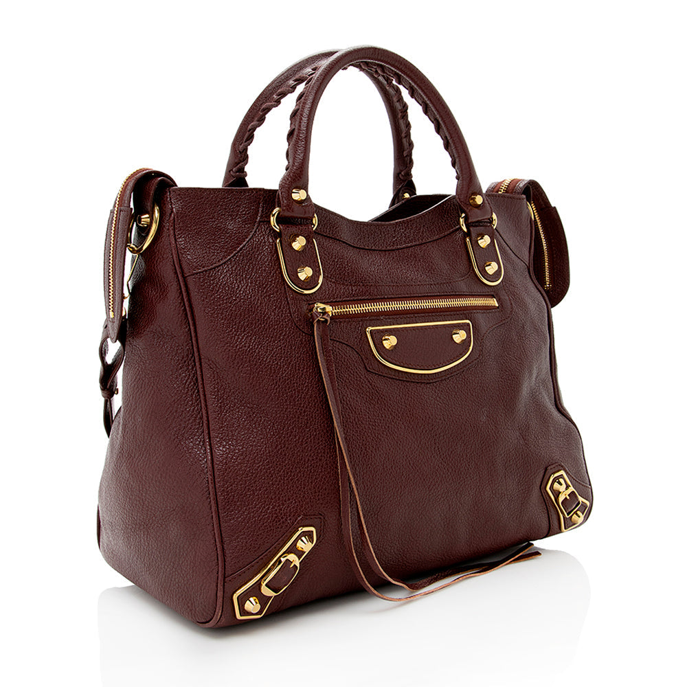 Luxury Balenciaga Chevre Leather Metallic Edge Velo Satchel (SHF-18023)