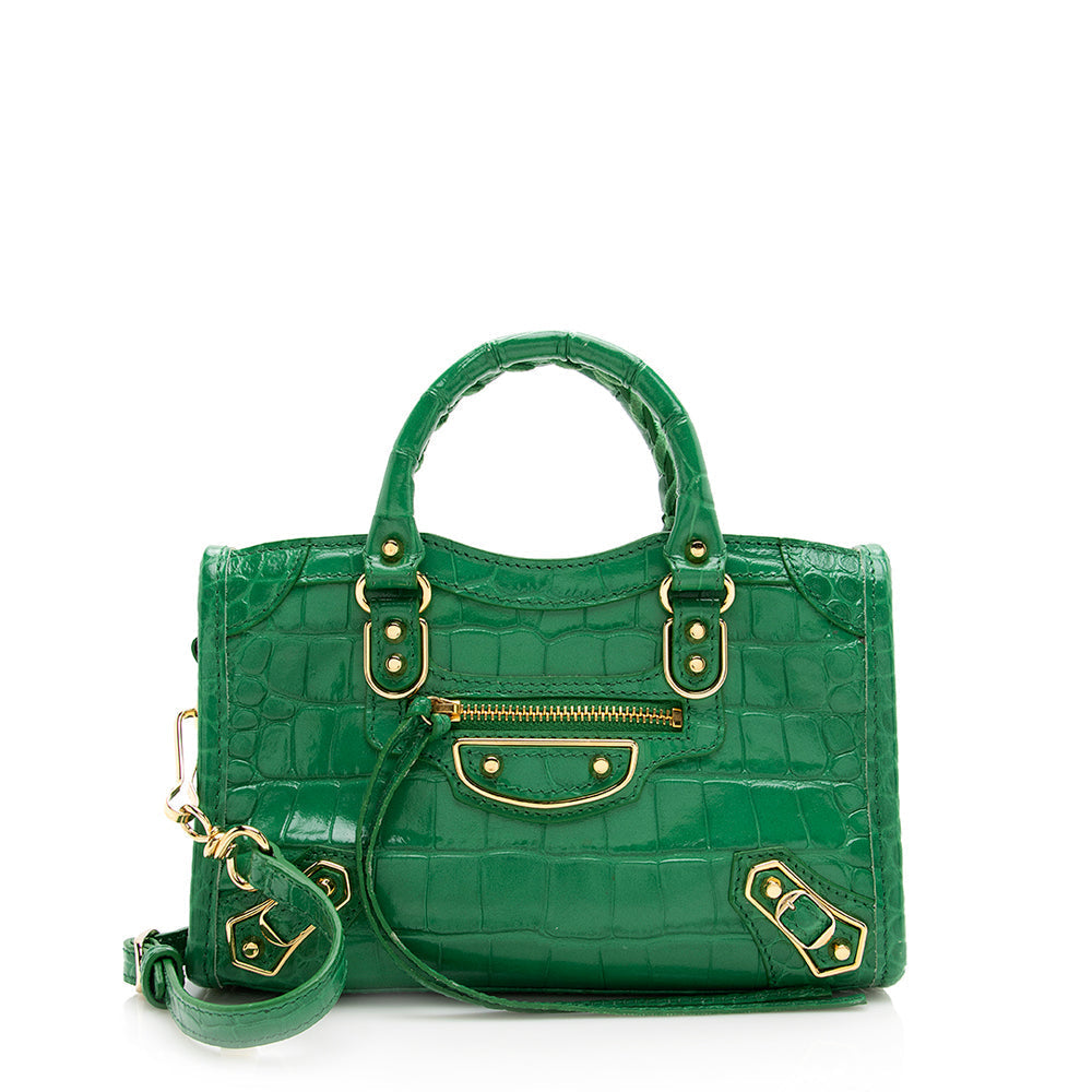Luxury Balenciaga Croc Embossed Calfskin Metallic Edge City Nano Satchel (SHF-19953)
