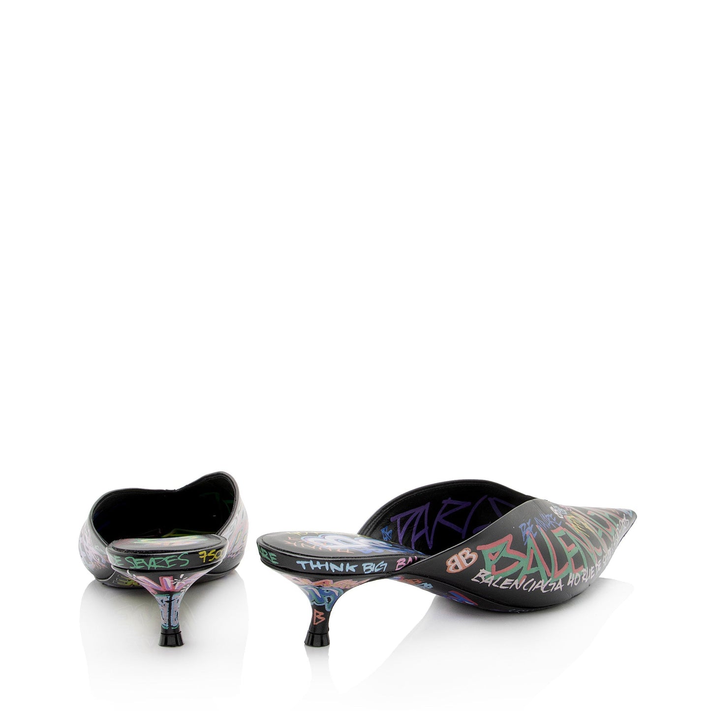 Luxury Balenciaga Leather Graffiti Knife Kitten Heel Mules - Size 8 / 38 (SHF-o5LLj3)