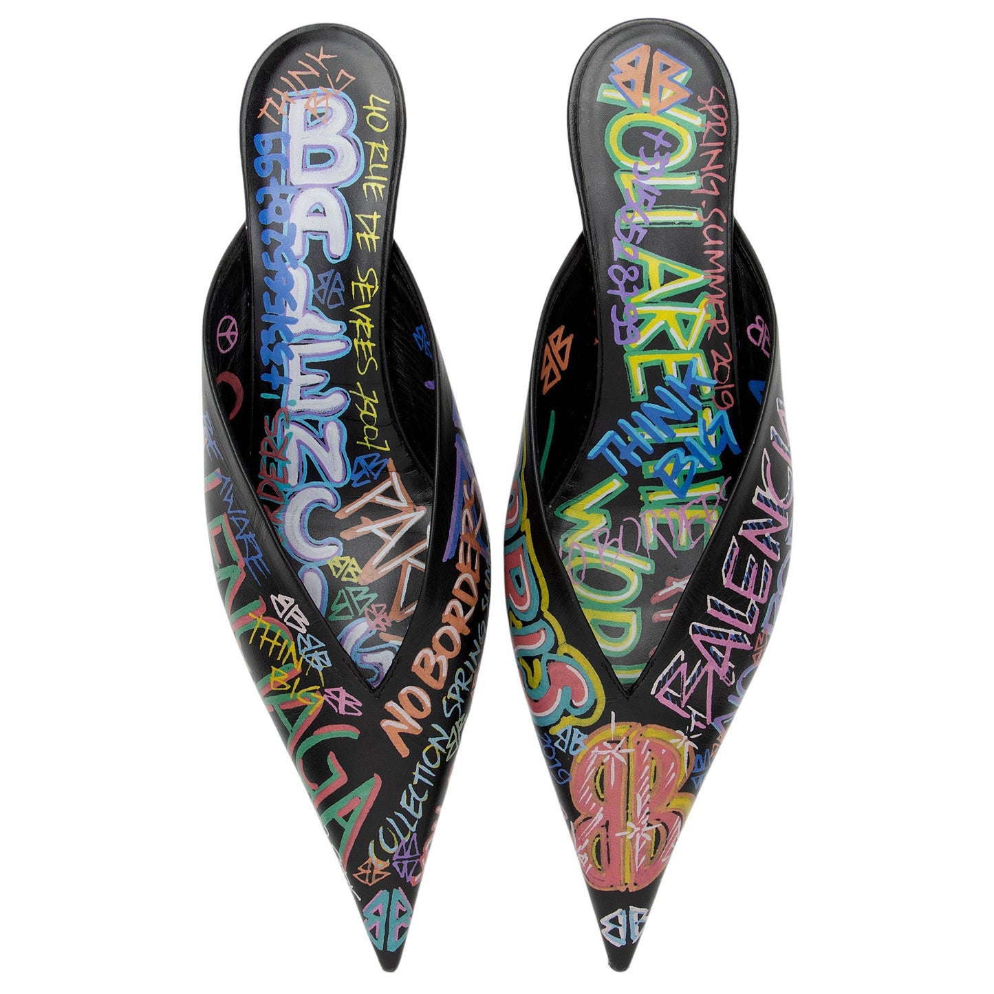 Luxury Balenciaga Leather Graffiti Knife Kitten Heel Mules - Size 8 / 38 (SHF-o5LLj3)