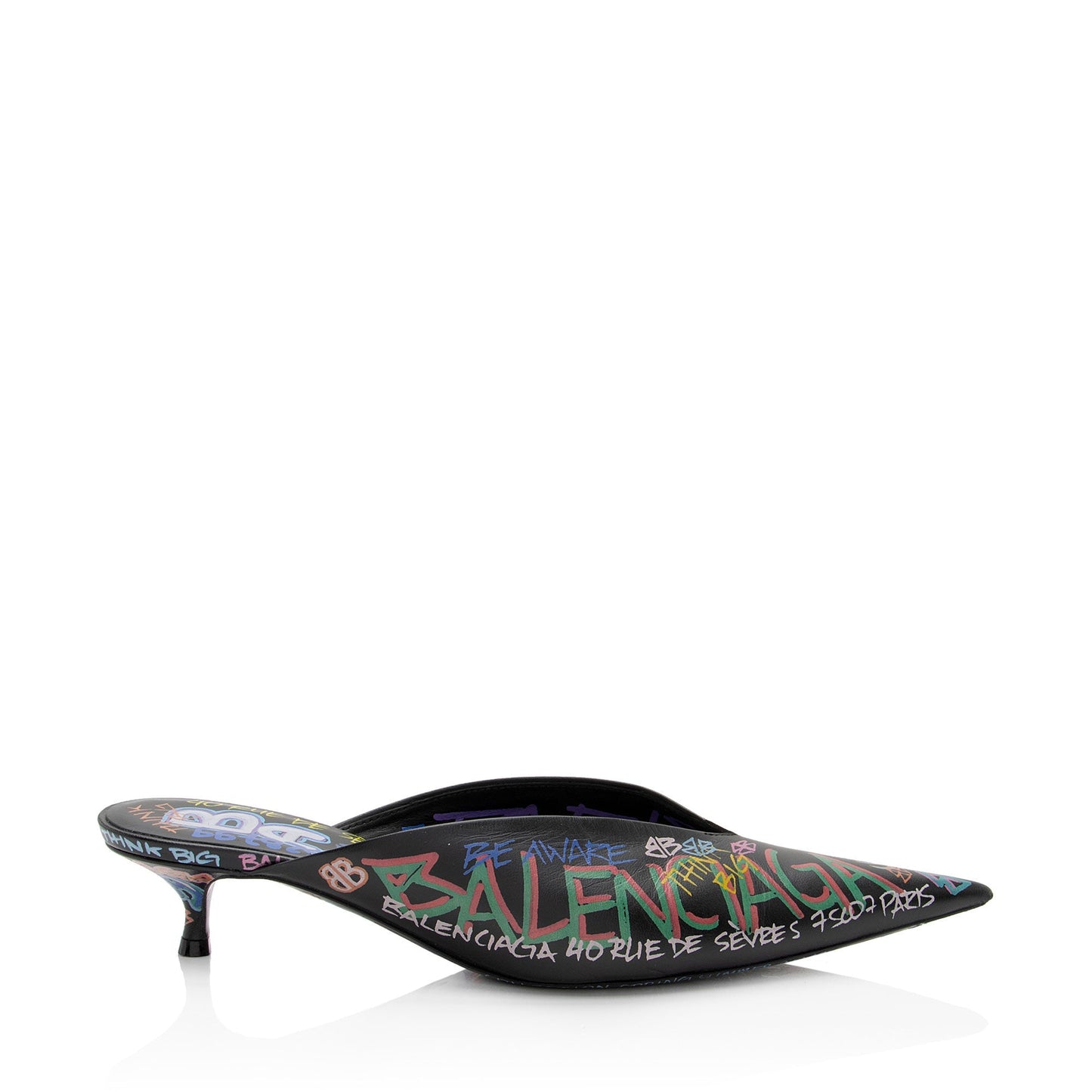Luxury Balenciaga Leather Graffiti Knife Kitten Heel Mules - Size 8 / 38 (SHF-o5LLj3)