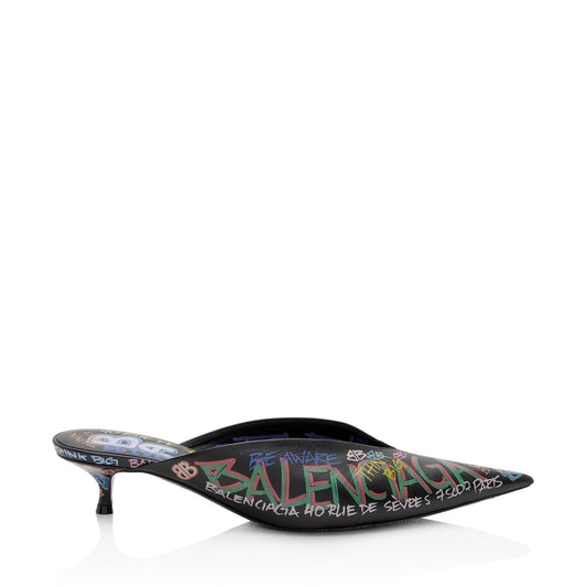 Luxury Balenciaga Leather Graffiti Knife Kitten Heel Mules - Size 8 / 38 (SHF-o5LLj3)