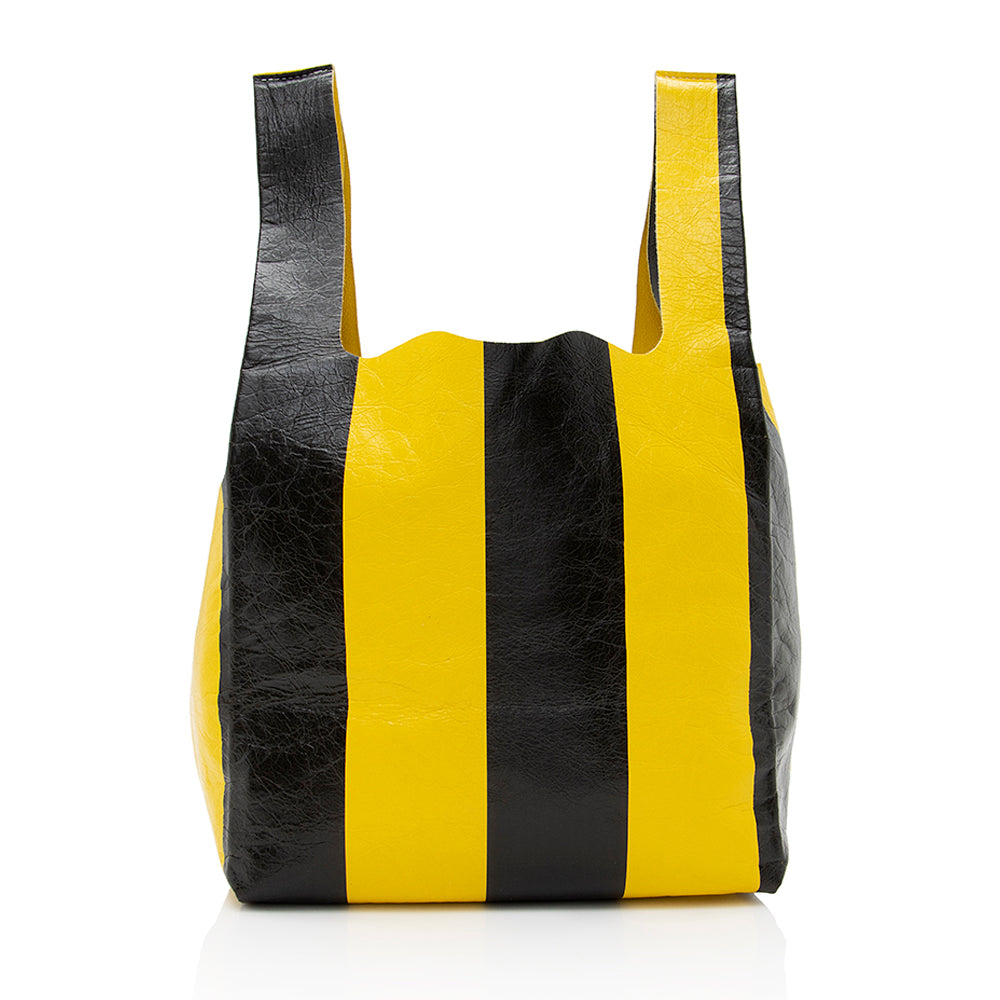 Luxury Balenciaga Leather Striped Supermarket Shopper Tote (SHF-18778)