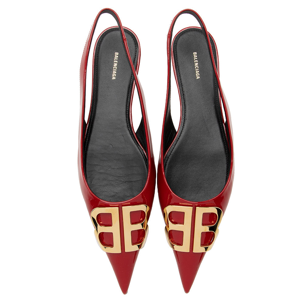 Luxury Balenciaga Patent Leather BB Knife Slingback Flats - Size 7 / 37 (SHF-22027)