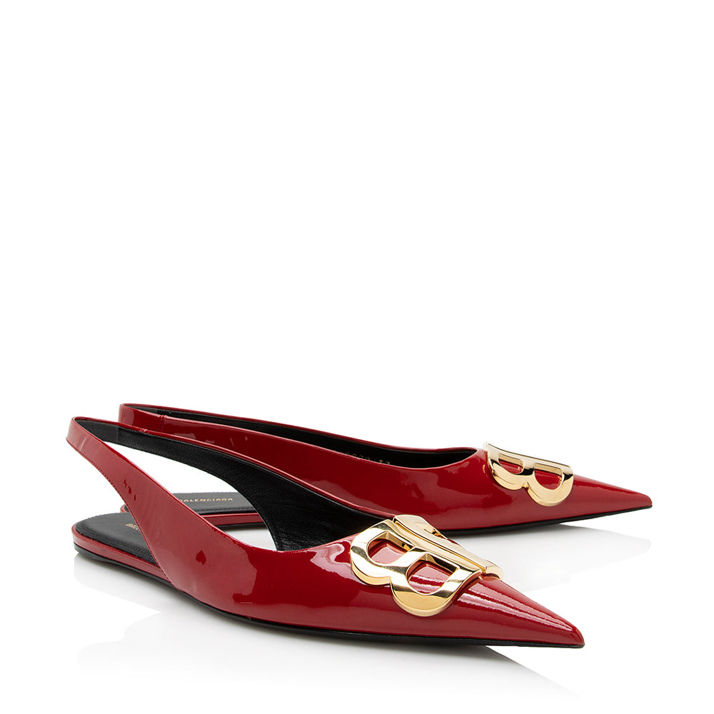 Luxury Balenciaga Patent Leather BB Knife Slingback Flats - Size 7 / 37 (SHF-22027)