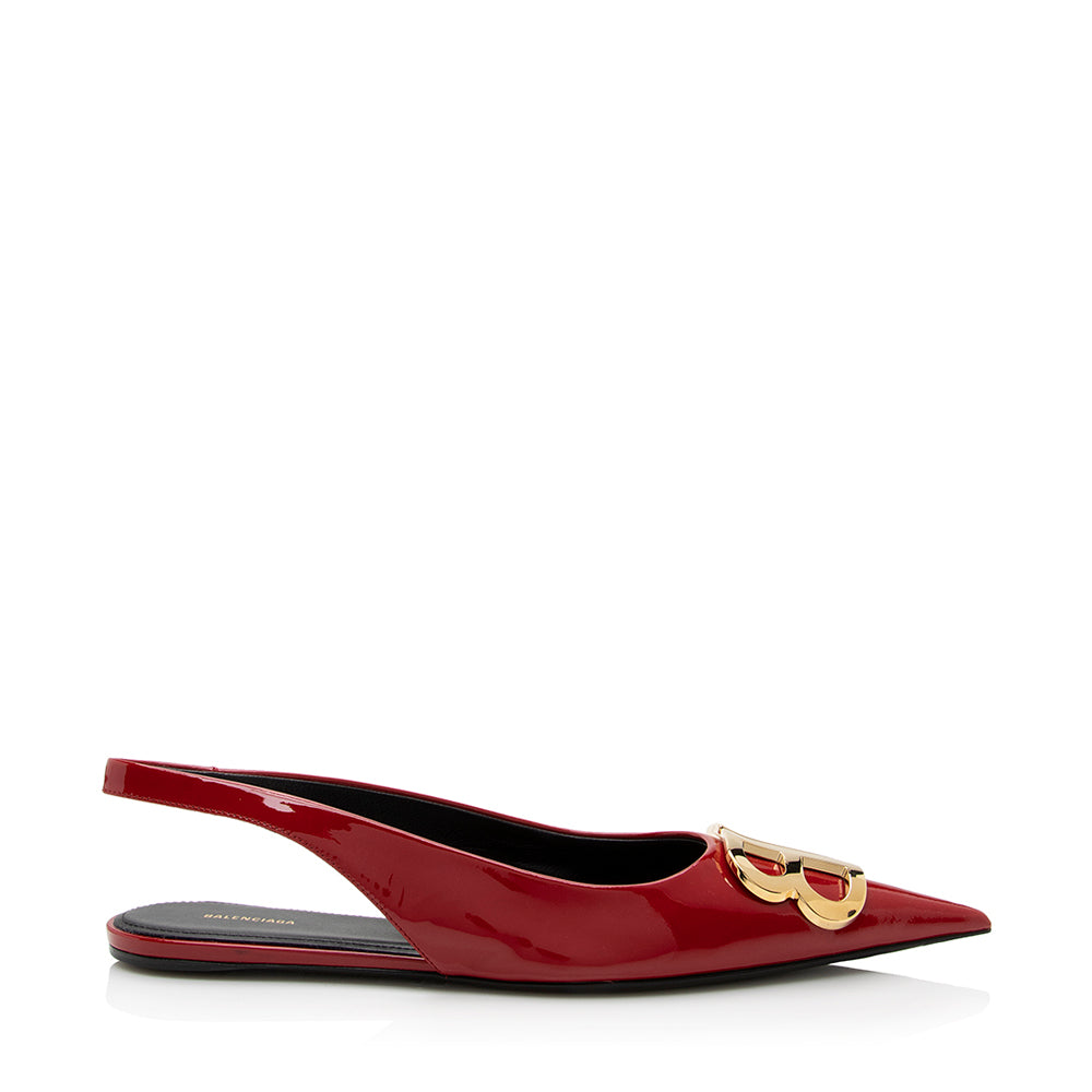 Luxury Balenciaga Patent Leather BB Knife Slingback Flats - Size 7 / 37 (SHF-22027)