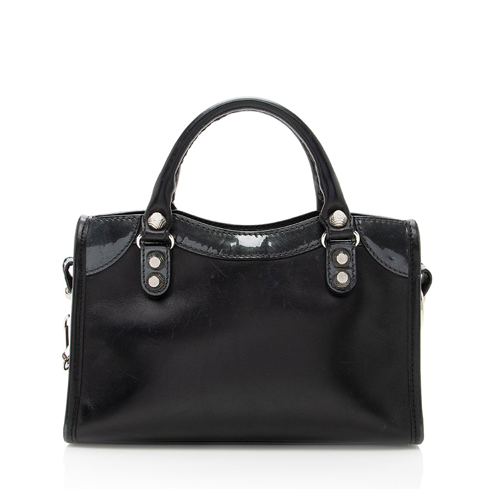 Luxury Balenciaga Patent Matte Calfskin Metal Edge City Mini Satchel - FINAL SALE (SHF-17574)