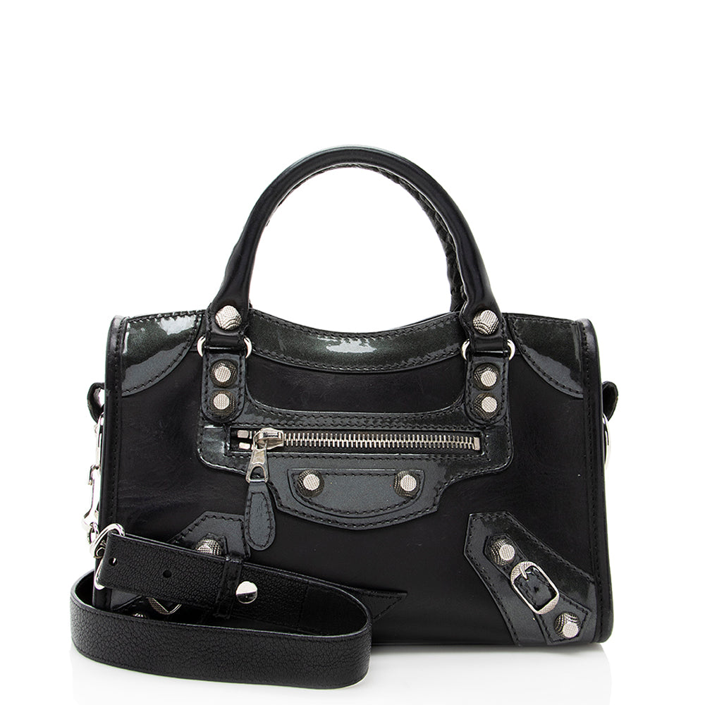 Luxury Balenciaga Patent Matte Calfskin Metal Edge City Mini Satchel - FINAL SALE (SHF-17574)