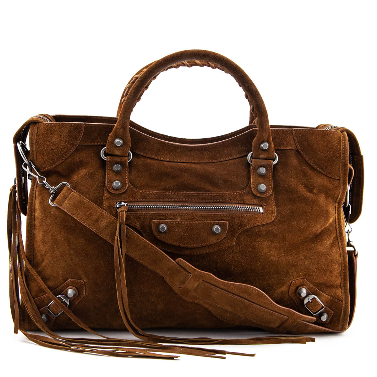 Luxury Balenciaga Dark Brown Cumin Suede Motocross Classic City Bag