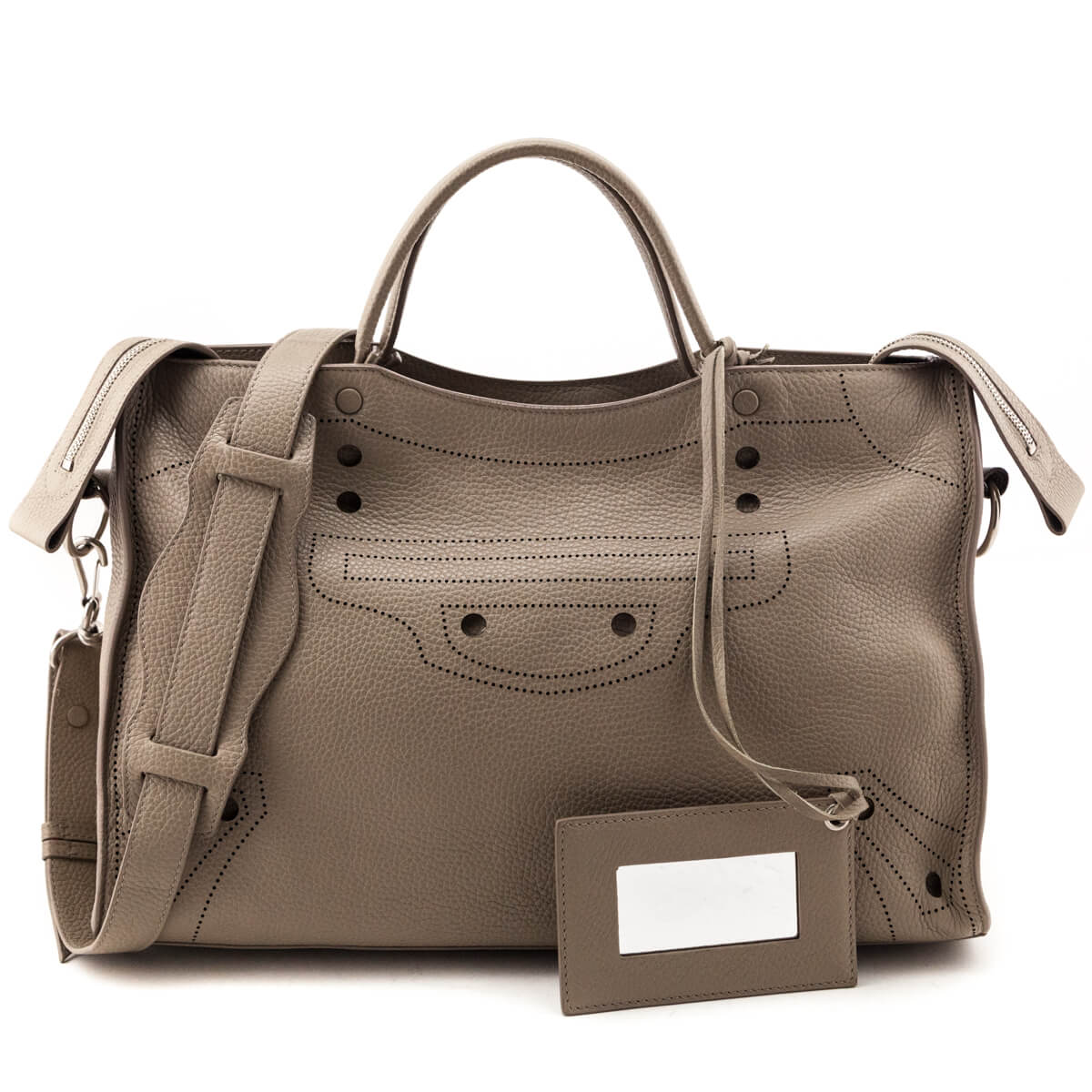 Luxury Balenciaga Greige Calfskin Blackout Hardware Perforated City Bag