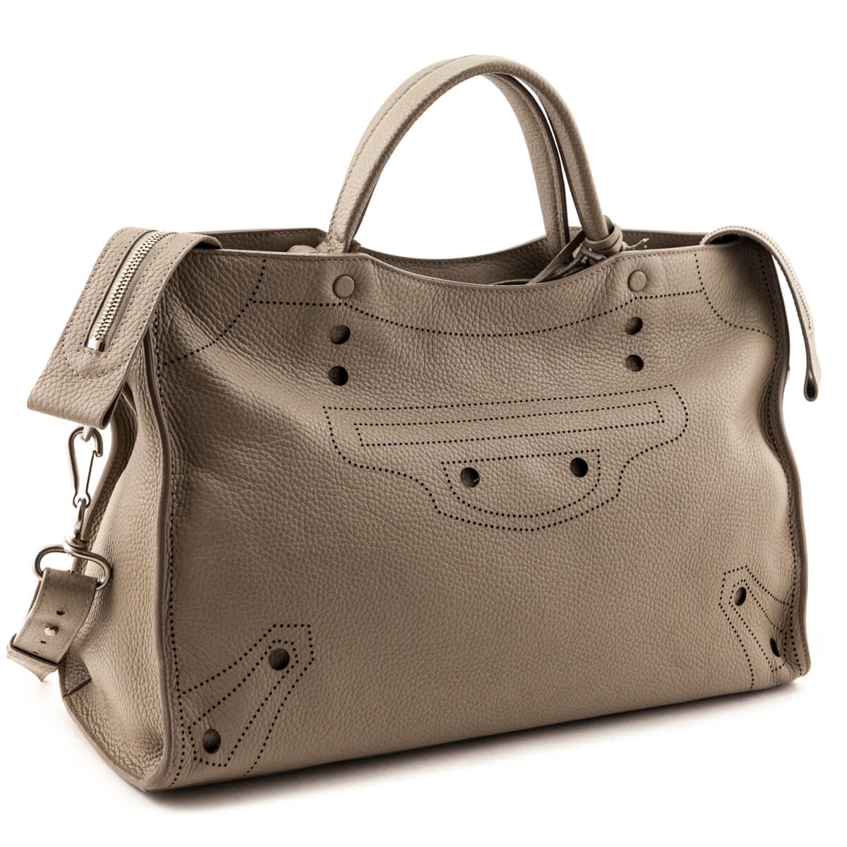 Luxury Balenciaga Greige Calfskin Blackout Hardware Perforated City Bag