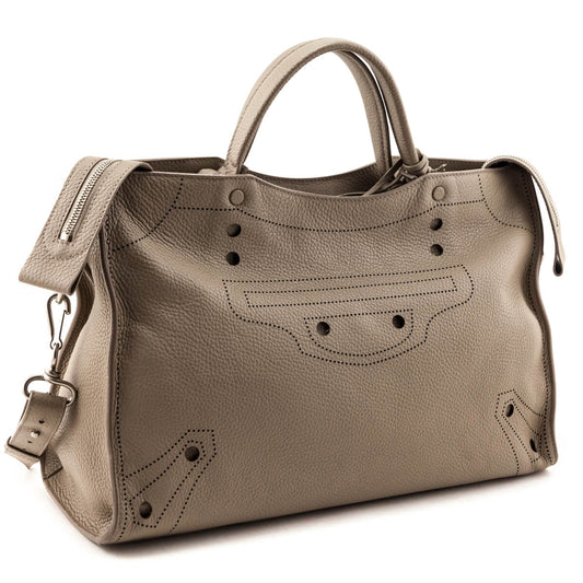 Luxury Balenciaga Greige Calfskin Blackout Hardware Perforated City Bag