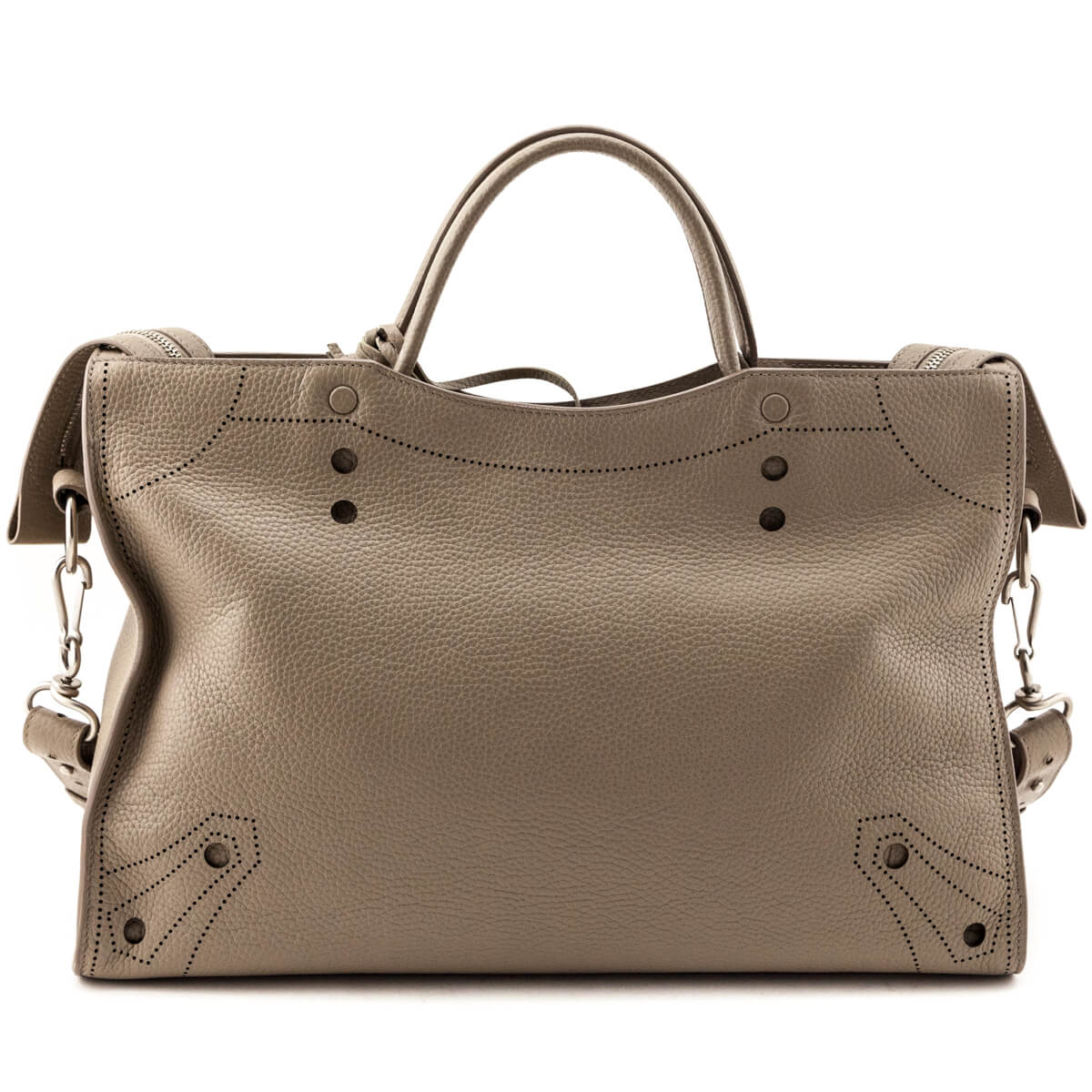 Luxury Balenciaga Greige Calfskin Blackout Hardware Perforated City Bag