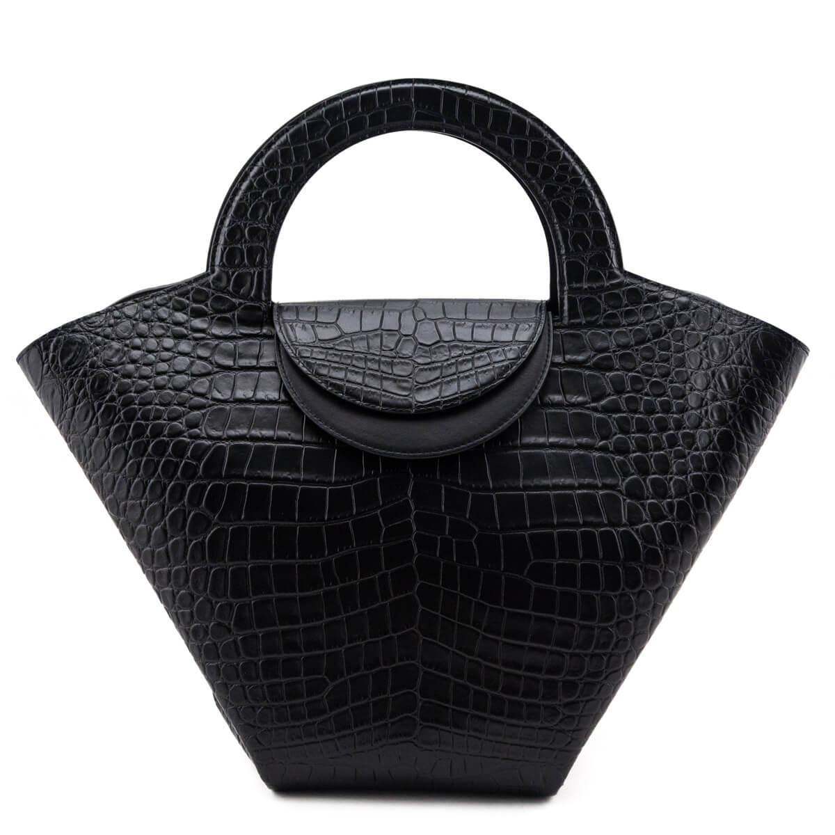 Luxury Bottega Veneta Black Calfskin Croc Embossed Medium Doll Tote