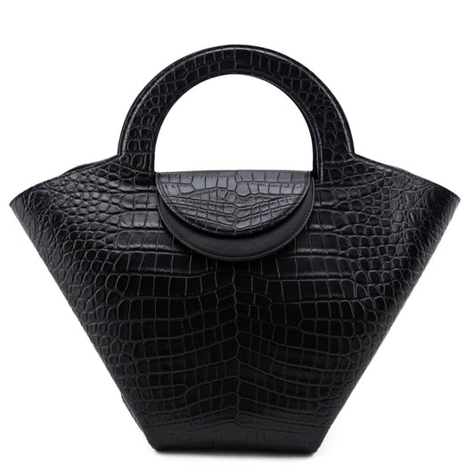Luxury Bottega Veneta Black Calfskin Croc Embossed Medium Doll Tote