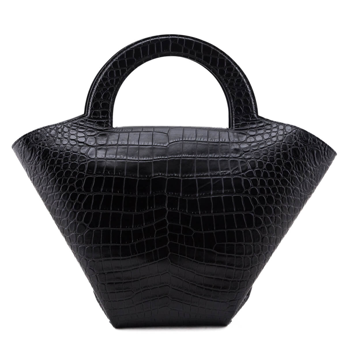 Luxury Bottega Veneta Black Calfskin Croc Embossed Medium Doll Tote