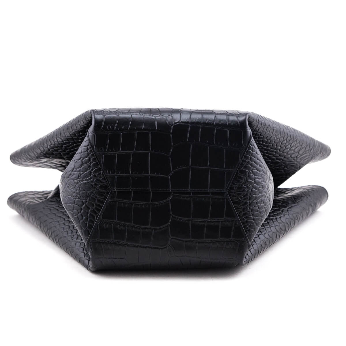Luxury Bottega Veneta Black Calfskin Croc Embossed Medium Doll Tote