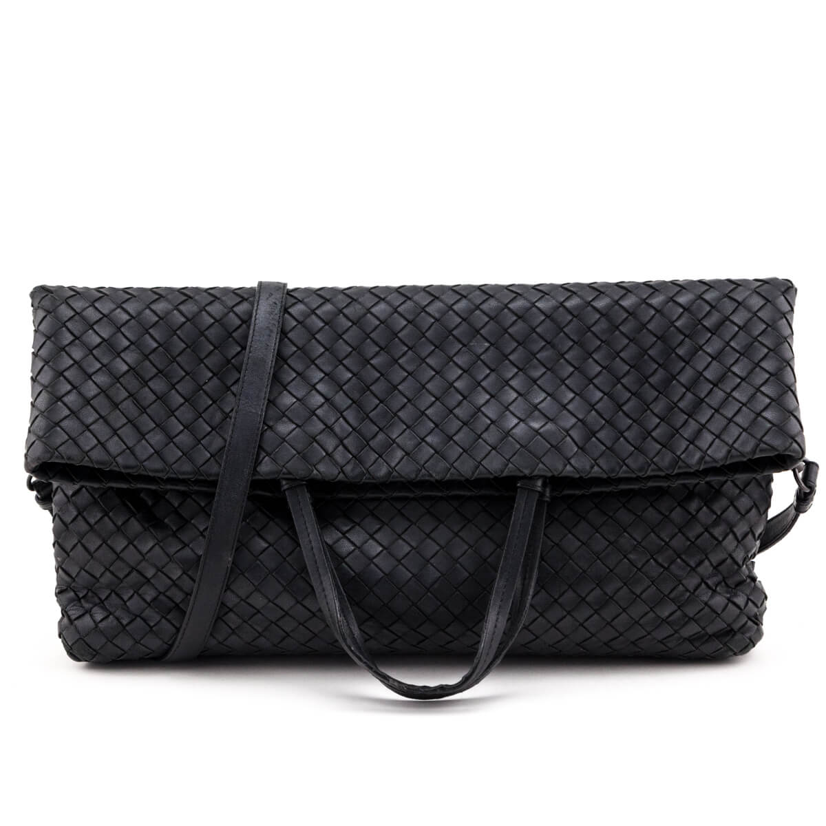 Luxury Bottega Veneta Black Intrecciato Fold-Over Tote