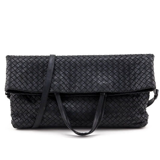 Luxury Bottega Veneta Black Intrecciato Fold-Over Tote