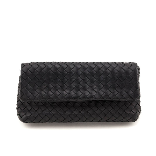 Luxury Bottega Veneta Black Nappa Intrecciato Flap Clutch