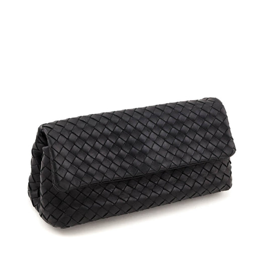 Luxury Bottega Veneta Black Nappa Intrecciato Flap Clutch