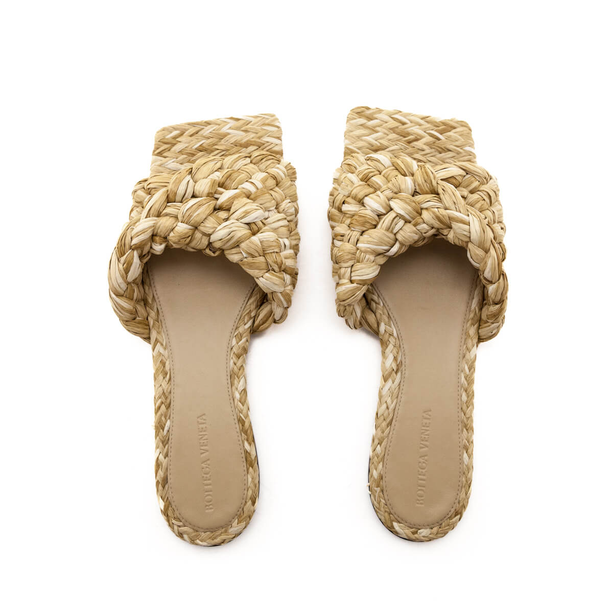 Luxury Bottega Veneta Natural Raffia Twisted Intrecciato Stretch Mules Size US 10 | EU 40