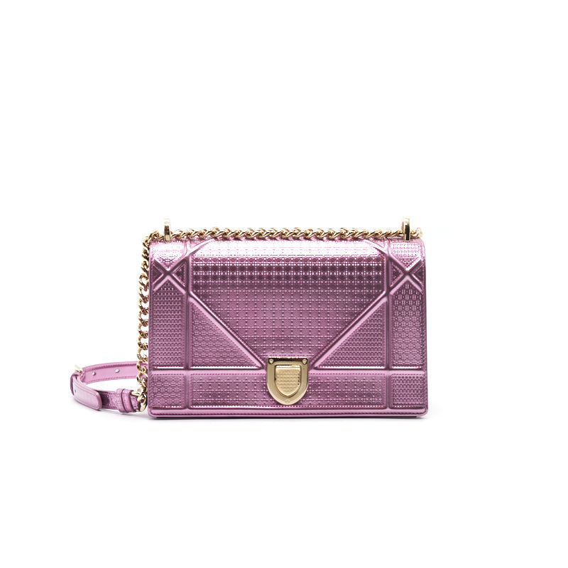 CHRISTIAN Luxury Dior Metallic Calfskin Micro-Cannage Luxury Diorama Medium Flap Bag Pink