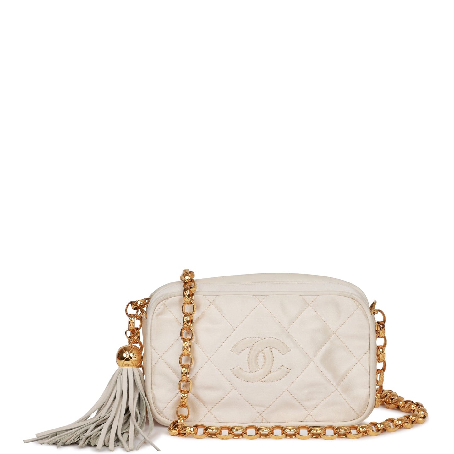 Vintage Luxury Chanel Mini Camera Bag Beige Satin Gold Hardware