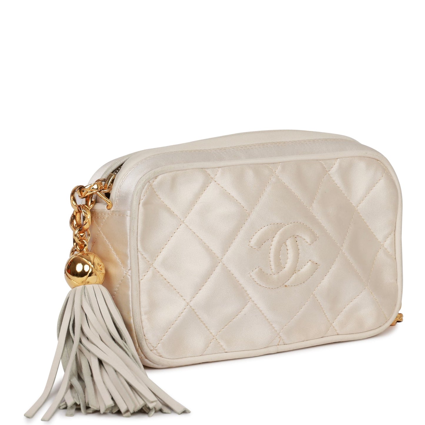 Vintage Luxury Chanel Mini Camera Bag Beige Satin Gold Hardware