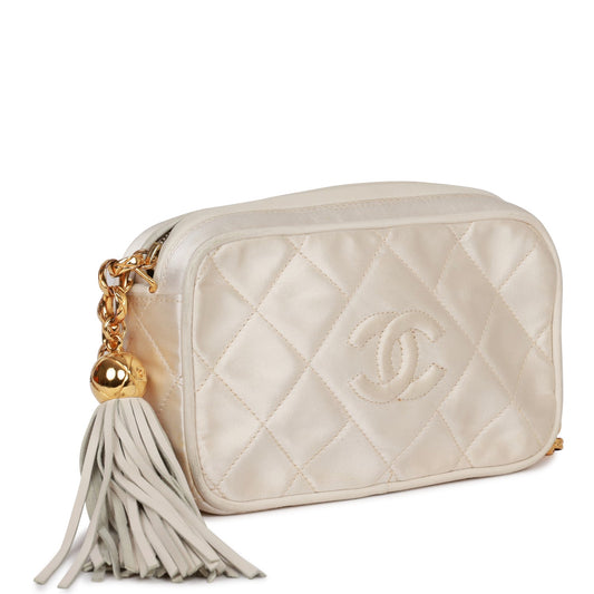 Vintage Luxury Chanel Mini Camera Bag Beige Satin Gold Hardware