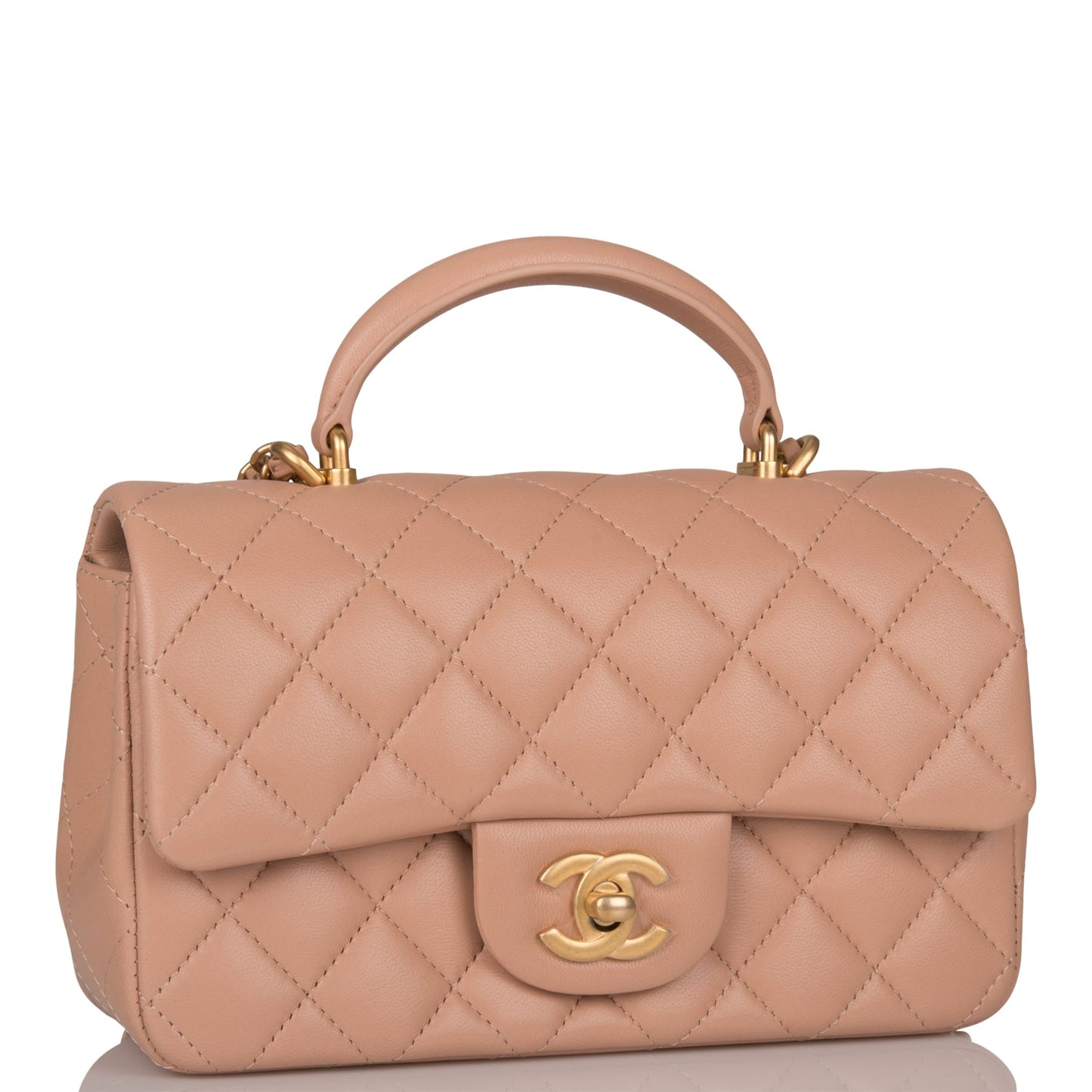 Luxury Chanel Mini Rectangular Flap with Top Handle Beige Lambskin Antique Gold Hardware